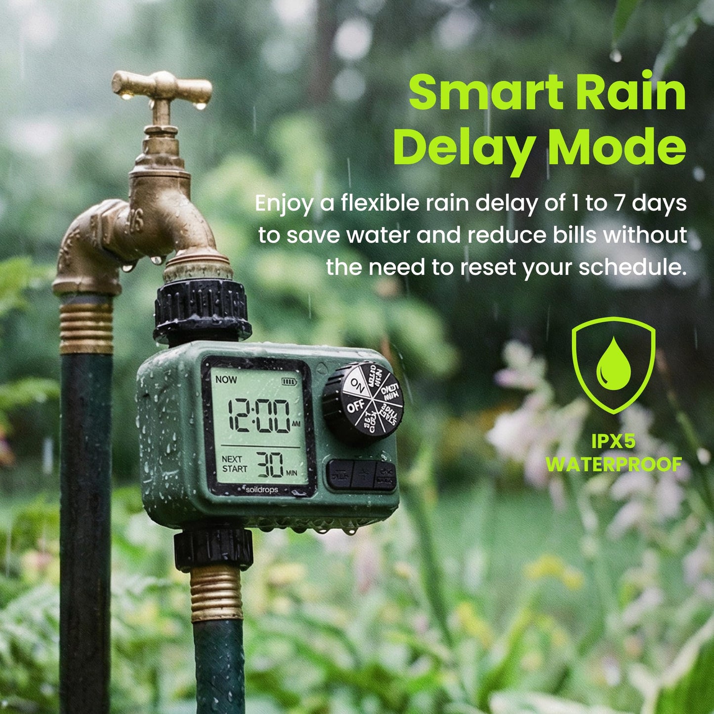 Soildrops Sprinkler Timer for Garden Hose, Programmable 1 or 2 Outlet Controller with Self-Cleaning Valve, 15-Day Frequency, Large Dial, Rain Delay & Auto-Off, IPX5