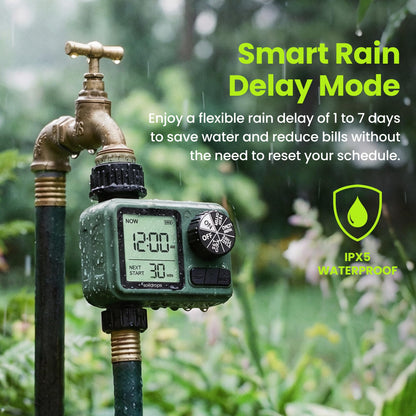 Soildrops Sprinkler Timer for Garden Hose, Programmable 1 or 2 Outlet Controller with Self-Cleaning Valve, 15-Day Frequency, Large Dial, Rain Delay & Auto-Off, IPX5