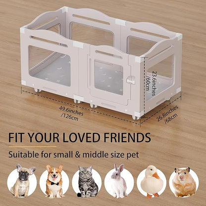 Acrylic Dog Playpen, Indoor Whelping Box with Pet Stroller, Puppy Playpen for Small Medium Pets, Cat Rabbit & Puppies, 6-Panel with Bottom Panel, 8 Wheels, Safe, Sturdy, Apricot Gray