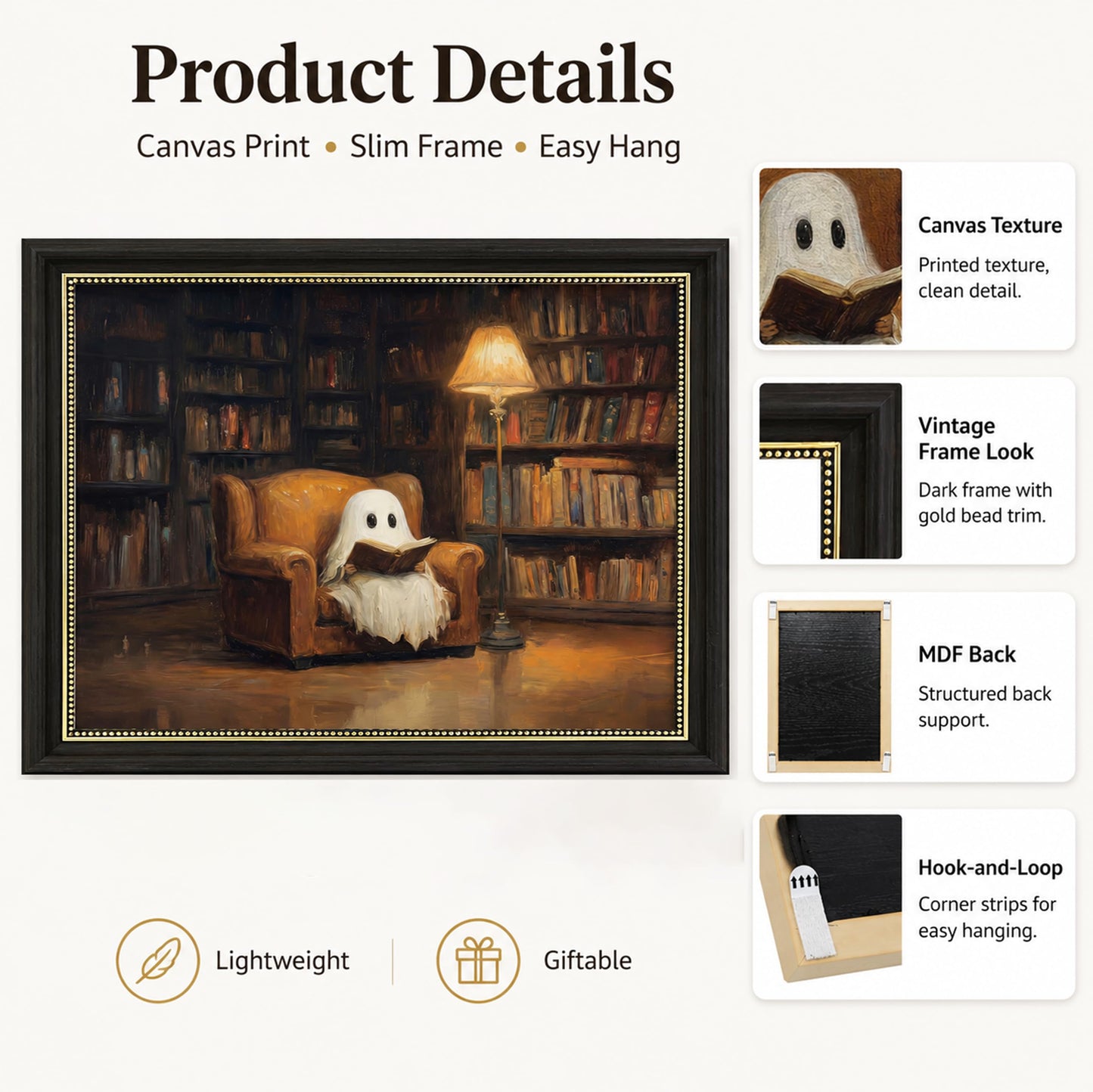 Vbaourut Framed Halloween Ghost Wall Art, Moody Reading Ghost Canvas Painting, Dark Academia Library Poster with Dark Brown Frame and Upgraded Hook and Loop for Study, 9x11 in