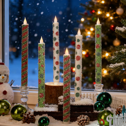 Christmas Elf Flameless Taper Candles - 6PCS Glitter Christmas Green Elf Theme Flickering LED Battery Operated Sea Salt Candles with Remote, Real Wax Party Decoration Candlesticks, Xmas Table Decor