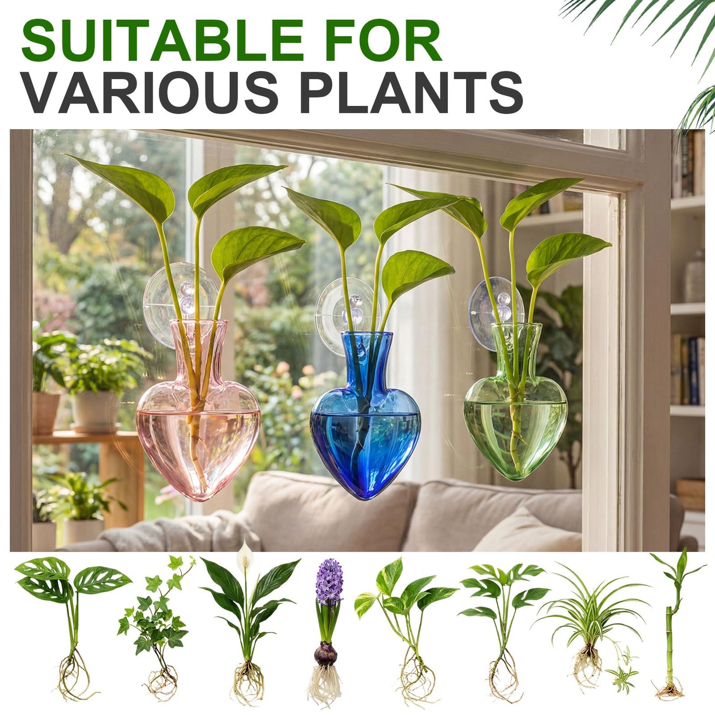 Zhehao 3 Pcs Propagation Vases Hanging Window Propagation Stations Glass Heart Shaped Plant Vase with Suction Cups Air Planter Terrarium for Hydroponics Home Decor Plant Lovers Gifts