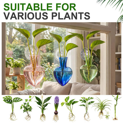 Zhehao 3 Pcs Propagation Vases Hanging Window Propagation Stations Glass Heart Shaped Plant Vase with Suction Cups Air Planter Terrarium for Hydroponics Home Decor Plant Lovers Gifts