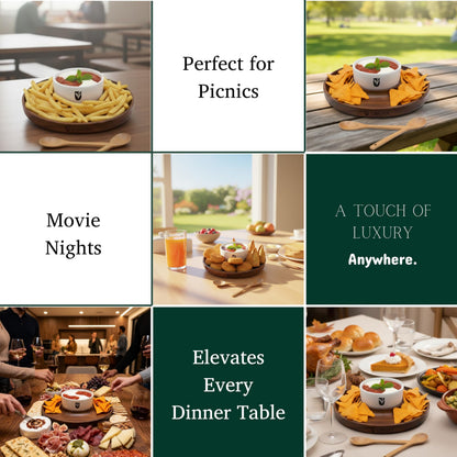 Graina Premium Wooden Chip and Dip Serving Tray Set – Dark Walnut Large Serving Tray with Ceramic Dip Bowl & 2 Wooden Spoons – Chip and Dip Bowl Set for Chips, Snack & Entertaining | Appetizer Platter