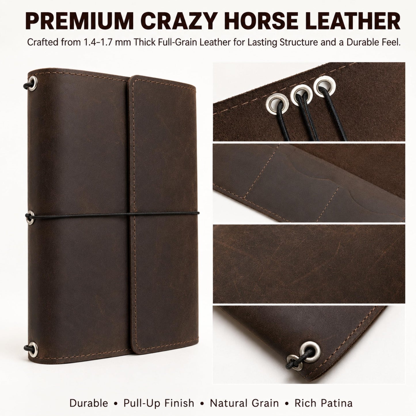 TORAKIP Leather A5 Notebook Cover – Refillable Journal Case with Elastic Bands, Pen Loop & Inner Pockets, Handmade Notebook Organizer, Fits 5.8" x 8.3" Inserts (Paper Not Included), Brown