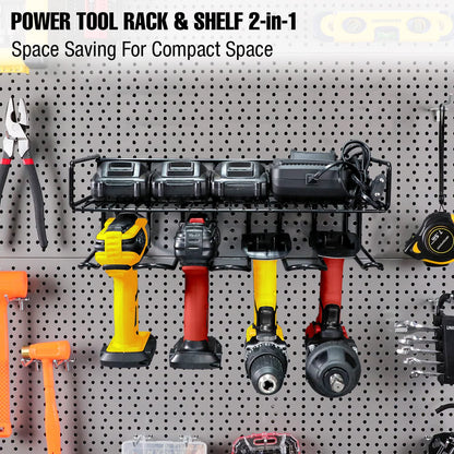 UNITEDPOWER Wall Mounted Power Tool Organizer Holder, Heavy Duty Utility Storage Rack With Shelf for Battery Powered Hand Tools, Workshop, Shed, Garage, Home