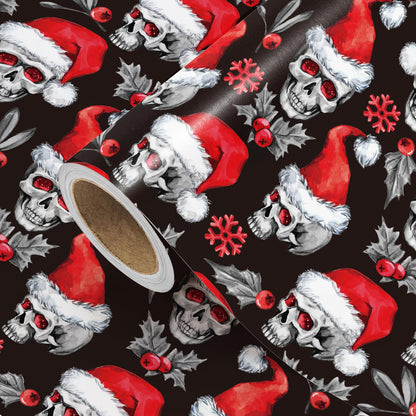 WRAPAHOLIC Skull Christmas Wrapping Paper - Mini Roll - 17 Inch x 16.5 Feet - Holly and Santa Hat Skull Wrapping Paper for Christmas, Halloween, Holiday, Party Celebration