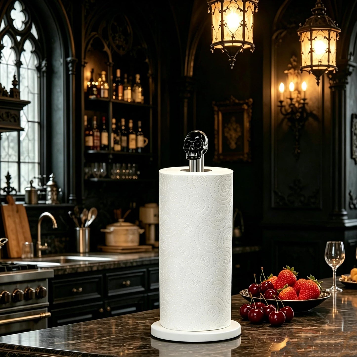Homestia Skull Paper Towel Holder - Black Obsidian Gothic Marble Stainless Steel Countertop Stand, Weighted Non-Slip Base, Fits Standard & Jumbo Rolls for Kitchen Bathroom