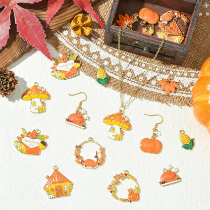 Ipotkitt 18pcs 9 Styles Thanksgiving Themed Enamel Charms Leaf Pumpkin Metal Charms Autumn Forest Hanging Ornaments for DIY Craft Bracelet Key Jewelry Making