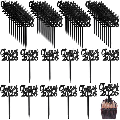 Boao 100 Pieces Class of 2026 Cupcake Toppers Plastic Graduation Cake Picks Graduation Decorations Grad Party Supplies(Black)