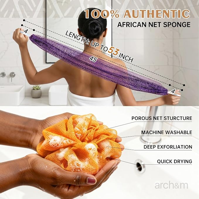 ARCH&M African Net Sponge Authentic, Champagne | Afroscrub African Wash Cloths, Smoother Skin, Exfoliating Body Sponges, Back Scrubber Exfoliator, Daily Use Shower Loofah