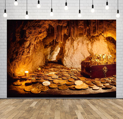 BELECO 10x6.5ft Fabric Mountain Cave Treasuer Chest Backdrop Antique Treasure with Gold Coins Jewelry Background Pirate Theme Party Decorations Halloween Trunk or Treat Decor Photoshoot Studio Props