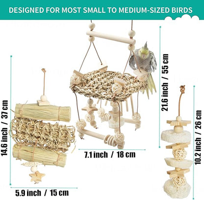 6 Pcs Natural Bird Toys for Parrots - Seagrass Swing, Loofah, Wood & Corn Husk Chew Toy Set - Shredding Enrichment Kit for Small to Medium Cockatiels, Parakeets, Conures, Budgies
