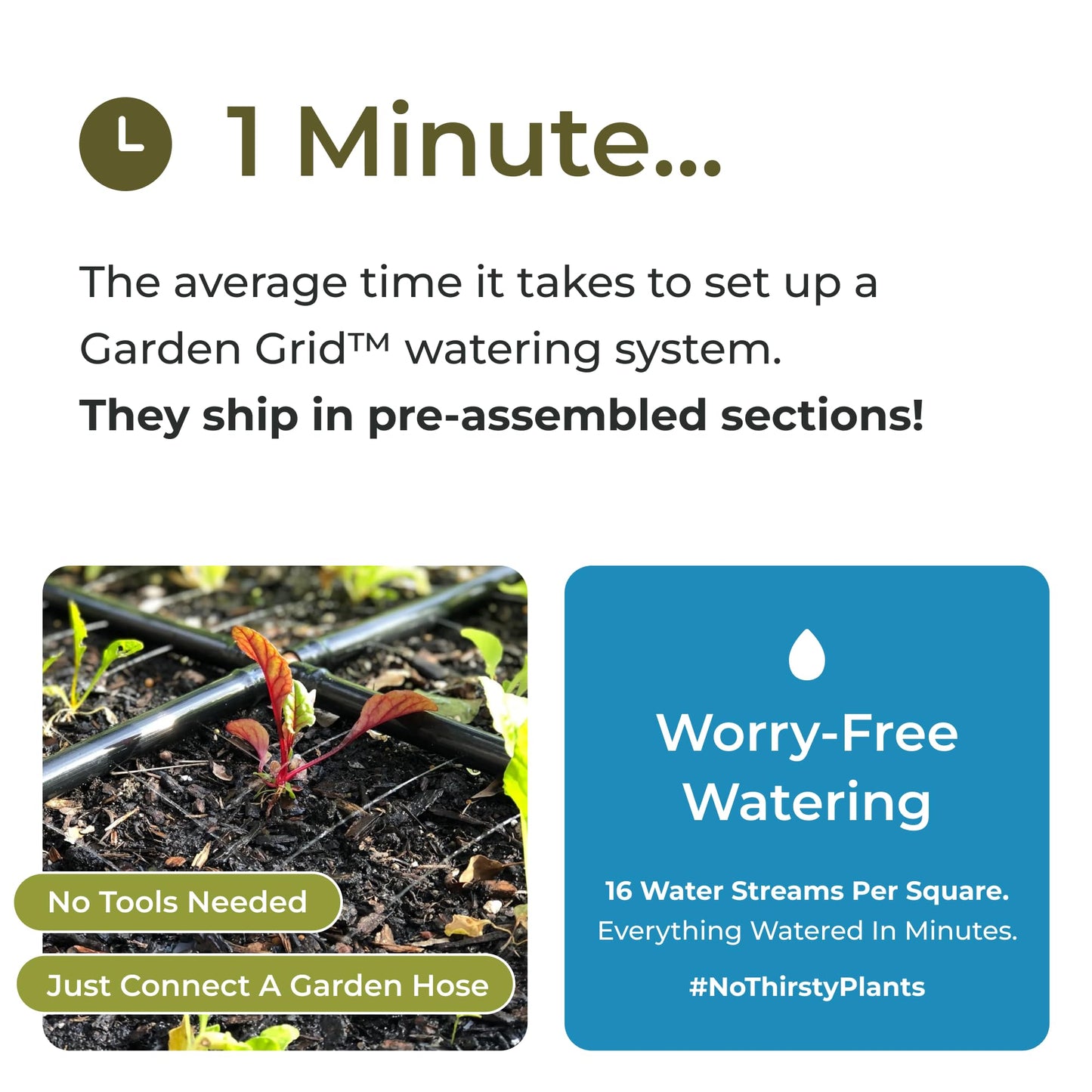 Garden Grid Watering System - 2x6 Cornerless | Raised Garden Bed Drip Irrigation System, But Better | Pre-Assembled, Waters Every Plant | Ideal for Beds w/Corner Posts or Curved Ends | 22.5"x66"