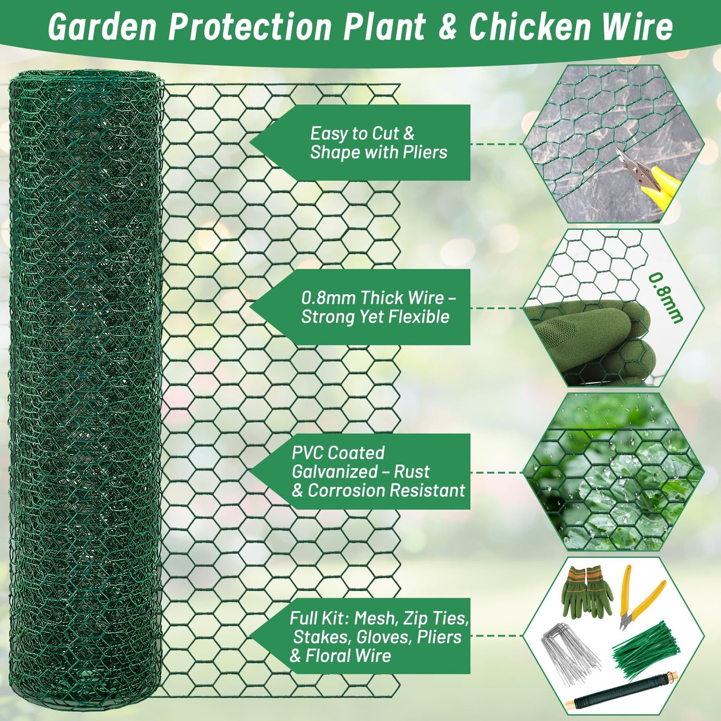 Convivium Plant Protectors from Animals, 0.8mm Free-Cut Green Chicken Wire Mesh, PVC Coated Tree Trunk Guard & Garden Fence for Outdoor Plants with Zip Ties, Stakes, Pliers, Gloves（16.7 Ft*24In）