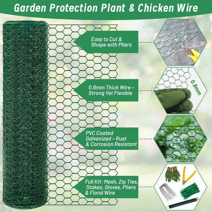 Convivium Plant Protectors from Animals, 0.8mm Free-Cut Green Chicken Wire Mesh, PVC Coated Tree Trunk Guard & Garden Fence for Outdoor Plants with Zip Ties, Stakes, Pliers, Gloves（16.4Ft*16In）