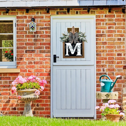 Last Name All Year Round Front Door Wreath with 26 Initial Letter Welcome Sign All Seasons Eucalyptus Garland and Bow ，Farmhouse, Porch, for Spring Summer Fall All Seasons Holiday Halloween Christmas. (M)