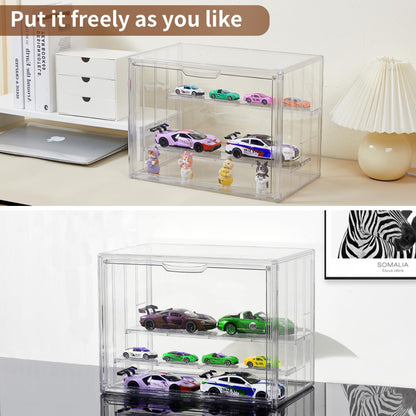 Display Case for Collectibles 4 Layer Updated Adjustable Acrylic Display Case with Magnetic Door Clear Stackable Display Box Hobby Display Cases for Figures, 2 Pack