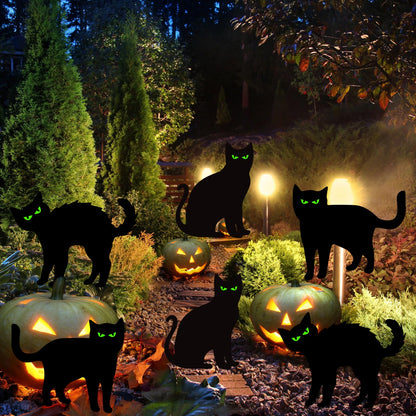 Halloween Decorations Outdoor 6 PCS Black Cat Yard Signs with Stakes Scary Silhouette with Glow in Eyes Waterproof for Yard Lawn Garden Indoor Home Halloween Decor