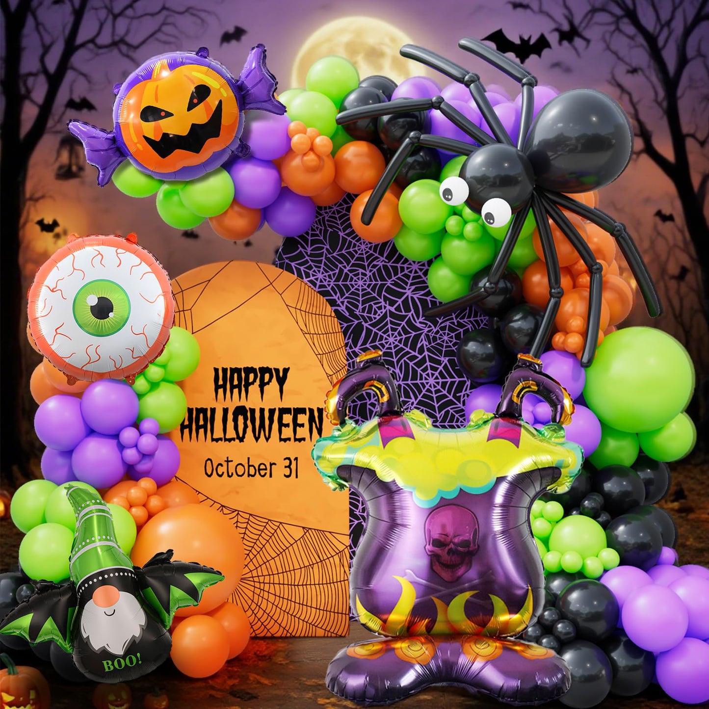 Bonropin Halloween Balloon Garland Arch kit with Black Orange Green Purple Spider Balloons Halloween Furnace Pumpkin Bat Eye Foil Balloons for Haloween Theme Party Background Classroom Decorations
