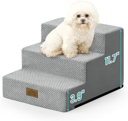 COZY KISS Dog Stairs for Small Dogs 11.7" H, 3-Step Gentle Incline Pet Step for Couch Chiars, Right-Angle Dog Ramp for Puppy Doggie Senior Cats, 15.7x17.7x11.7 Inch, Grey