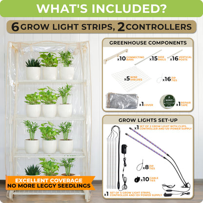 CARPATHEN Seed Starter Tray -Seed Starting Tray with Humidity Dome and 80 Peat Pots + Indoor Greenhouse with Grow Lights - with 2 Dimmable 15W Full Spectrum LED Light Strips and Spectrum Control