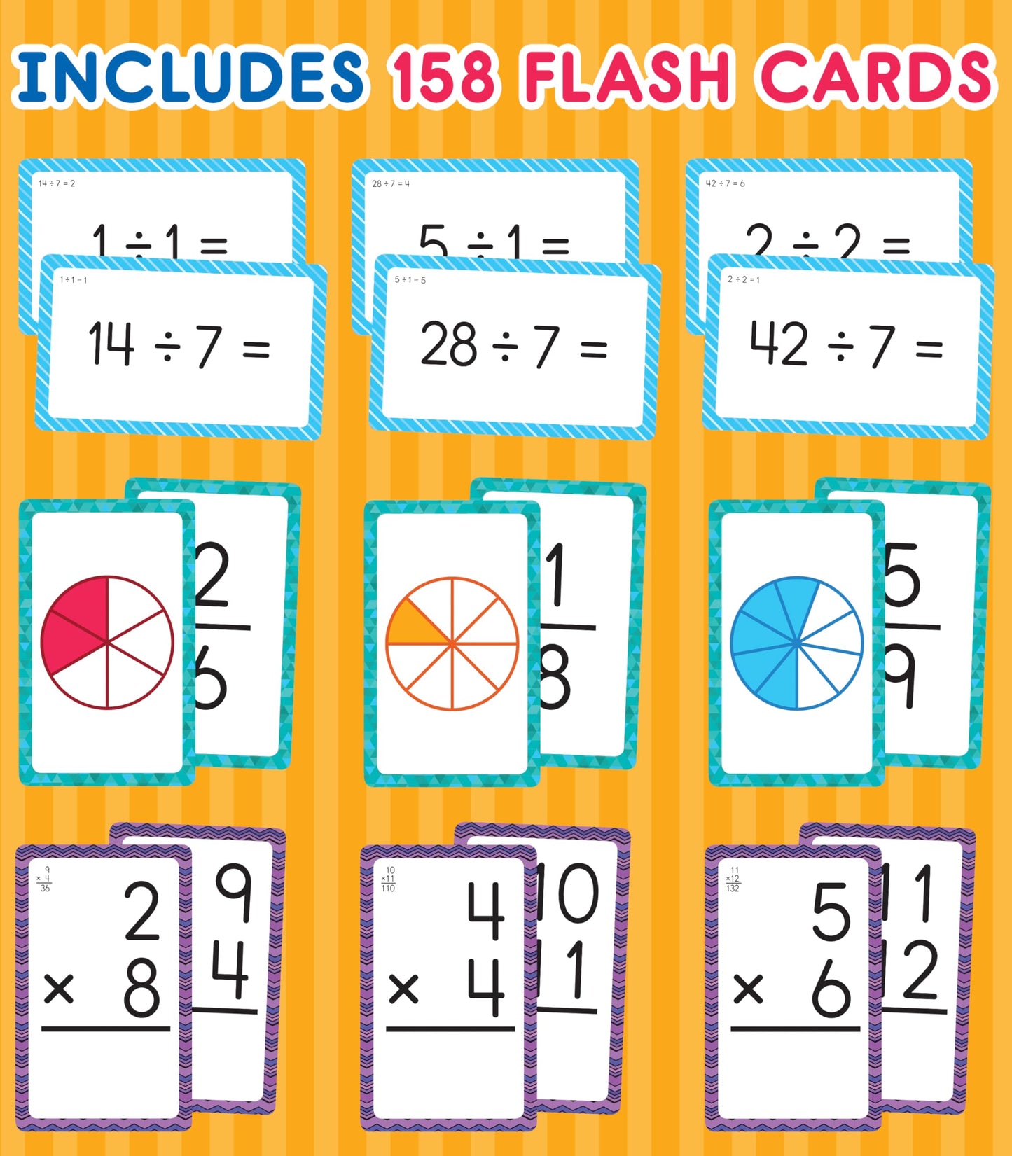 Carson Dellosa Education Division, Fractions, and Multiplication Flash Cards, 3 Sets of Flashcards, Math Games for Kids 8-12, 3rd Grade Mathematics Practice and Up