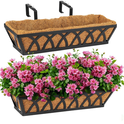 BTRAM 36IN Window Box Railing with Adjustable Brackets, Hanging Flower Planter Basket with Coco Liner for Outdoor Balcony Porch Fence Patio (Black - Set 2)