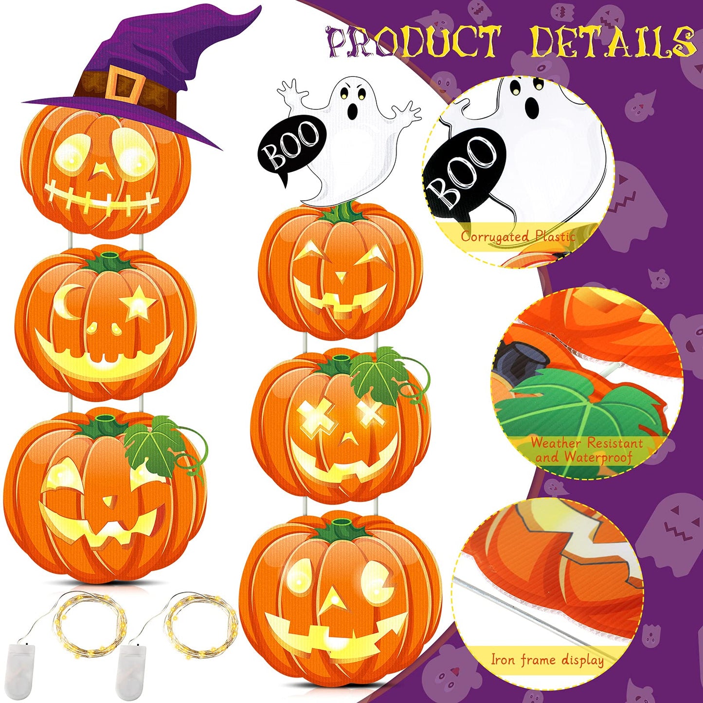 Jetec 2 Pcs 44 Inch Outdoor Halloween Decorations Light up Pumpkin Yard Stakes Plastic Stacked Pumpkin Witches Hat Boo Ghost Stake Sign with LED String Lights for Outside Home Lawn Pathway Party