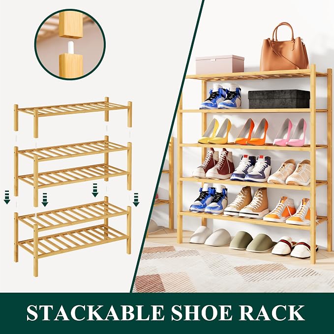 Smiry Shoe Rack, 3 Tier Bamboo Shoe Organizer, Stackable Free Standing Wooden Shoe Storage Shelf for Closet, Entryway, Front Door Entrance, Natural (Pack of 2)