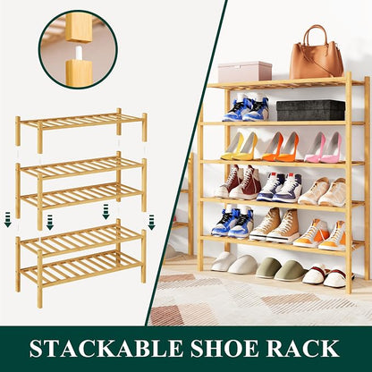 Smiry Bamboo Shoe Rack, 5 Tier Free Standing Wooden Shoe Organizer, Stackable Wood Shoe Storage Shelf for Closet, Entryway, 12 Vertical Slats, 2+2+1 Stack Standard Legs, 26.8"x11"x32.5", Natural