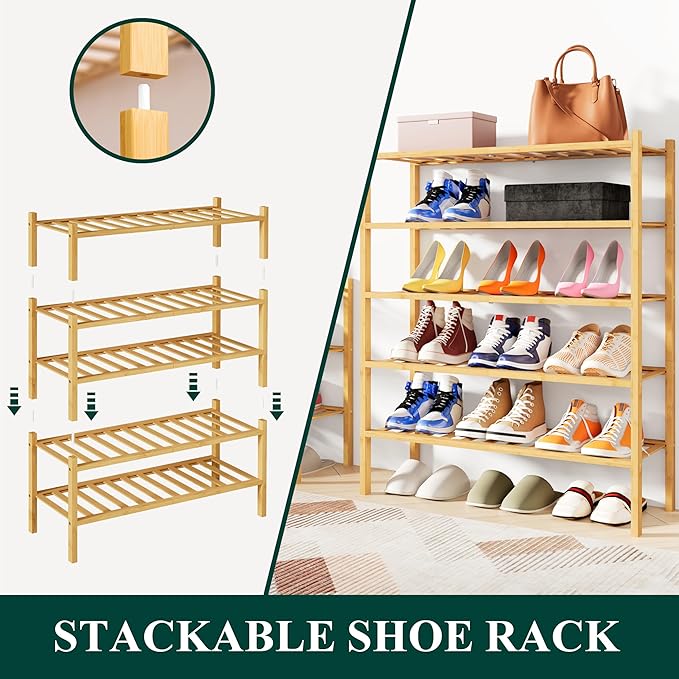 Smiry Bamboo Shoe Rack, 2 Tier Free Standing Wooden Shoe Organizer, Stackable Wood Shoe Storage Shelf for Closet, Entryway, 12 Vertical Slats, One-piece Standard Legs, 26.8"x11"x13", Natural