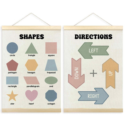 TLESKE Shapes Directions Chart Poster Hanger Frame for Toddler Kid Classroom Set of 2, Homeschool Hanging Wall Art Decor for Nursery Playroom, Preschool Prek Learning Educational Poster, 12x16