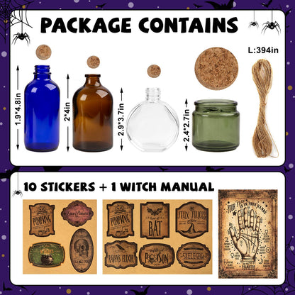 HOHUCRAB Potion Bottles Halloween Decoration, Set of 4 Glass Potion Bottles with Corks and 10 Halloween Bottle labels, Halloween Tiered Tray Decor, Halloween Decorations Indoor