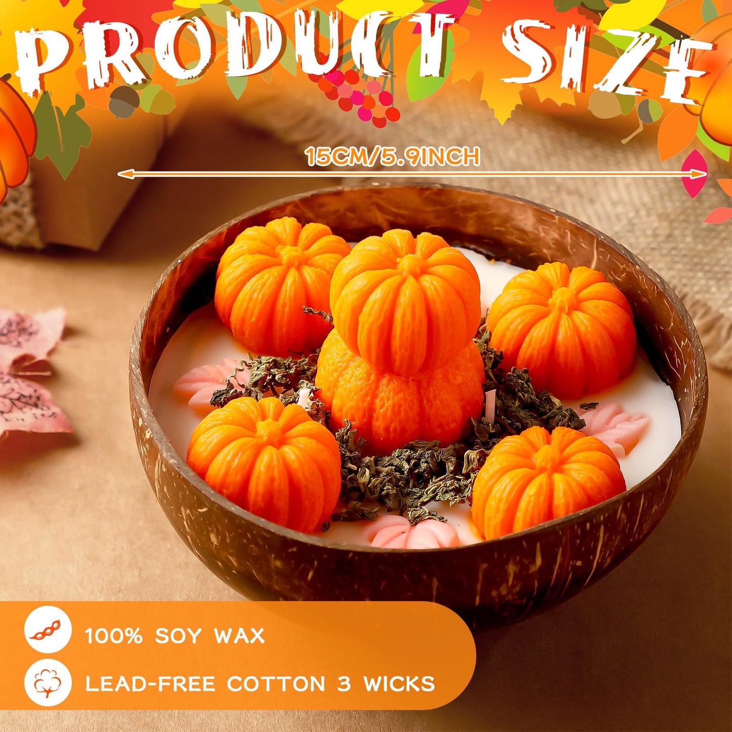 Conelist 2 Pcs Thanksgiving Scented Candle 5.9'' Fall Autumn Pumpkin Candle Decoration Spice Soy Wax Scented Coconut Bowl Tables Decor for Home Bedroom Bathroom Holiday Farmhouse Party Gift