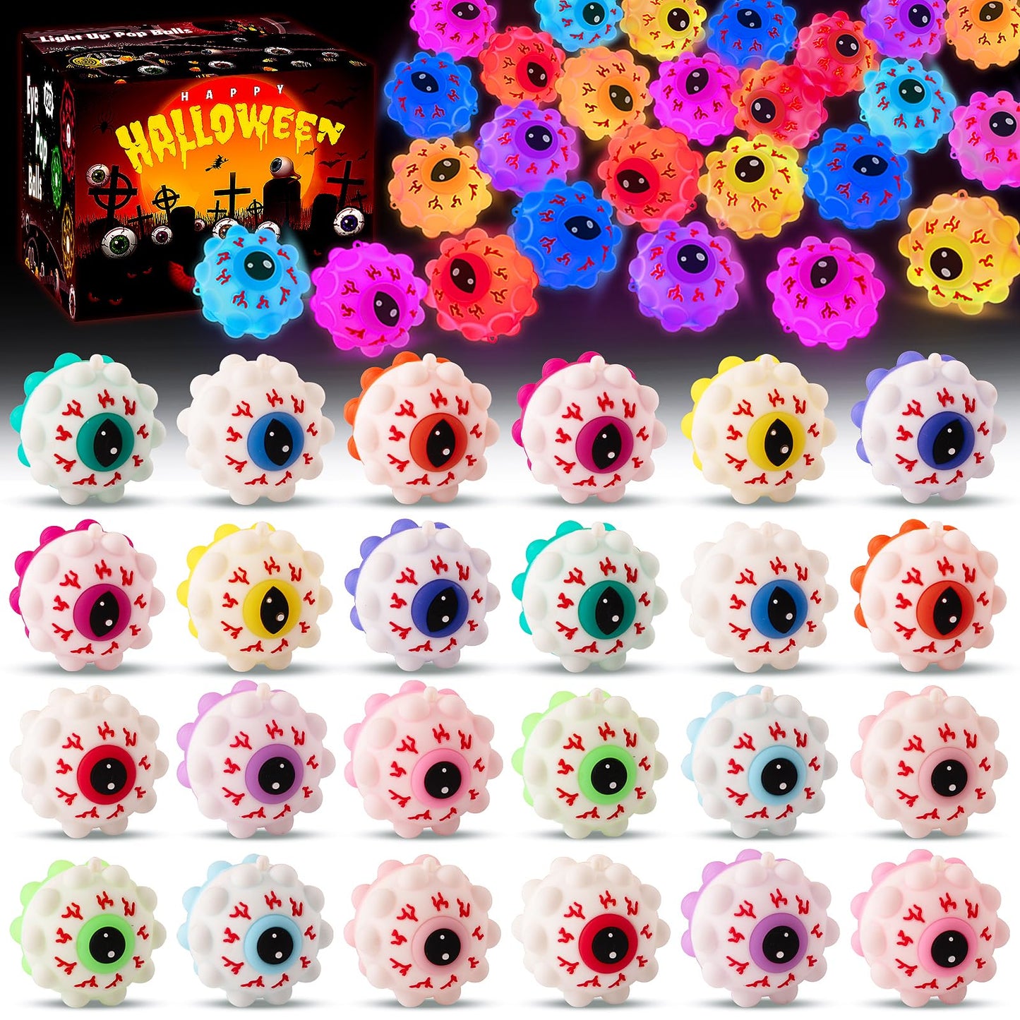 Ksmky 24PCS Halloween Light Up Eye Pop Ball, Halloween Party Favors for Kids, Halloween Toys for Trick or Treat, Goodie Bag Stuffers, Classroom Prizes