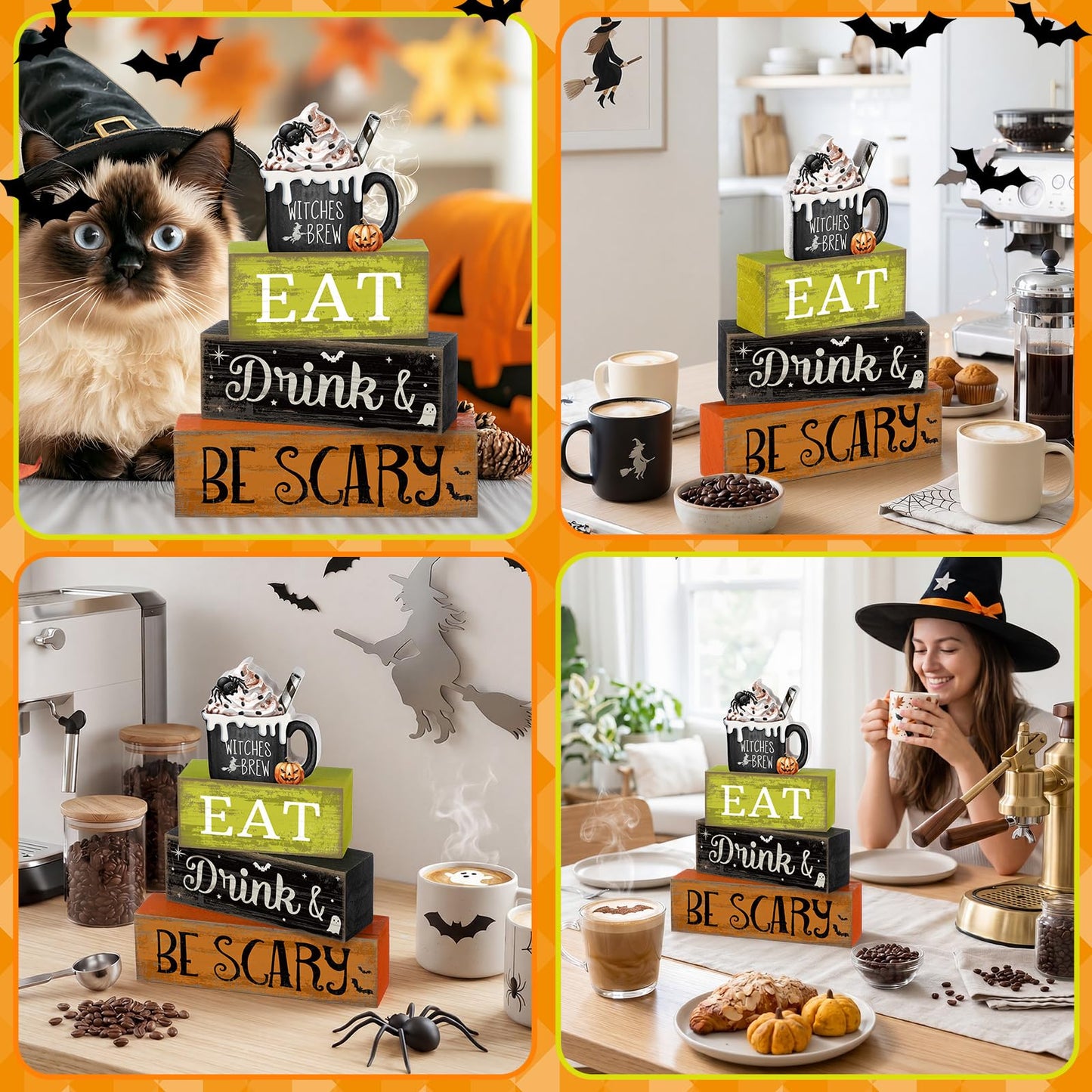 Lineshading 4 Pcs Halloween Table Decor - "Eat Drink & Be Scary" Witch Brew Themed Stackable Block Signs, Rustic Farmhouse Halloween Table Centerpieces for Home Kitchen Dining Coffee Bar