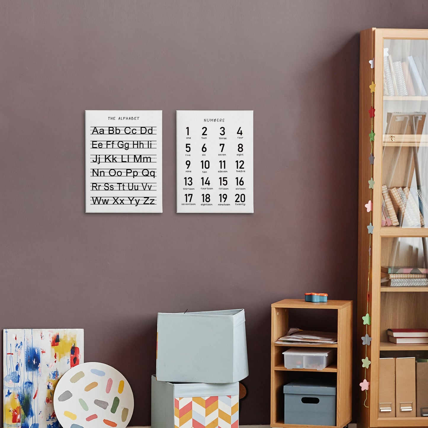 HRQKO Alphabet Numbers Nursery Canvas Wall Art Set of 2, Kids Room Decor Framed Art, ABC Numbers Learning Posters Wall Decor for Classroom Toddler Kids Nursery Bedroom Playroom, 11x14 inch