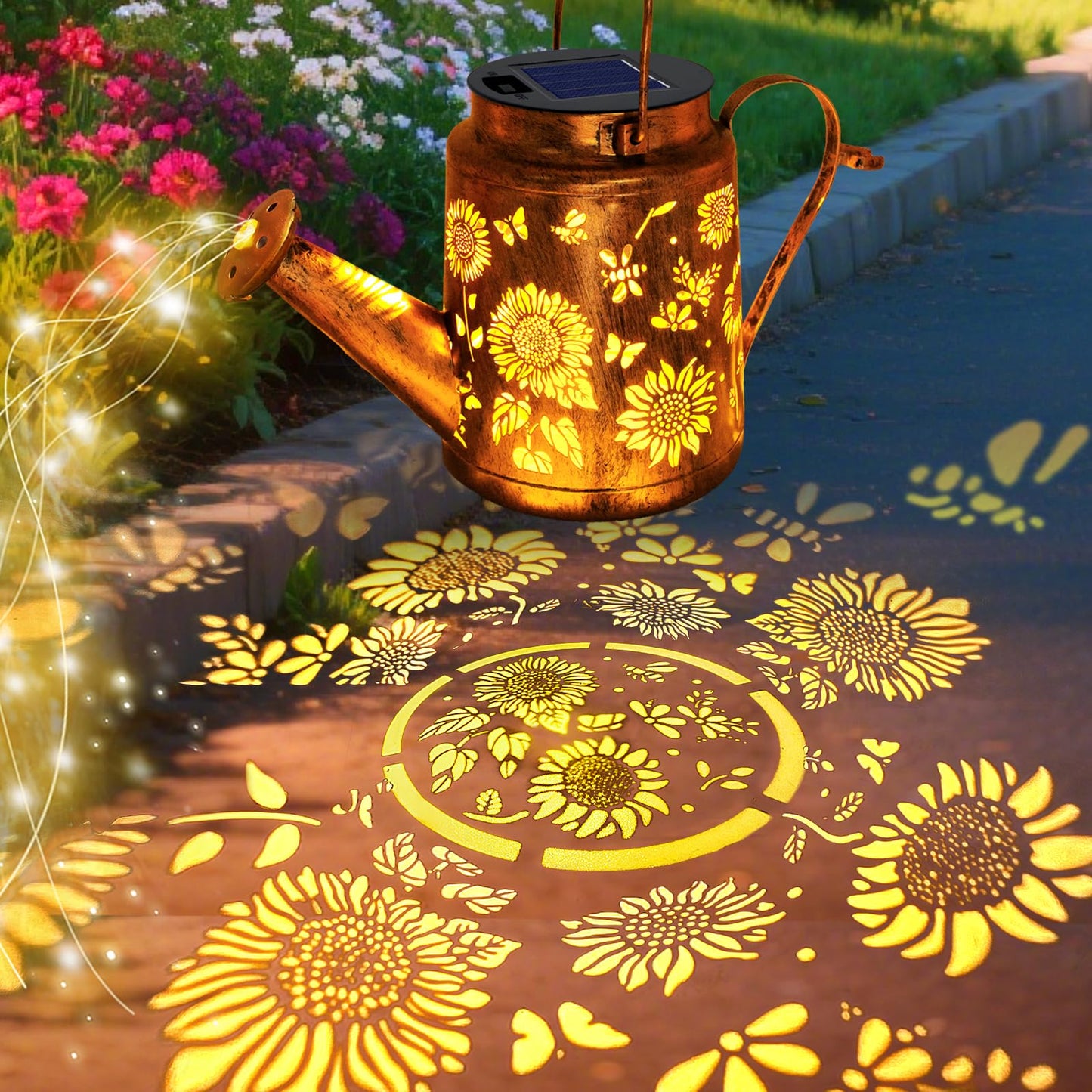 VOOKRY 2 Pack Sunflower Metal Solar Watering Can Lights, Solar Lights Outdoor Waterproof, Gifts for Women Mom Grandma Birthday, Hanging Lanterns Decorative Garden Decor for Outside Yard Patio Lawn