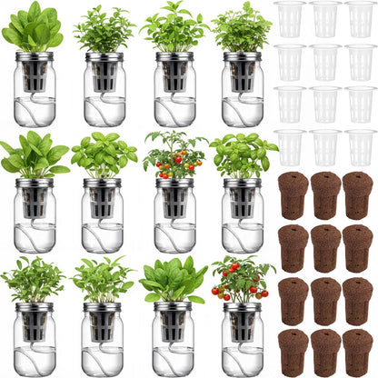 Teenyyou 12 Set Hydroponic Garden Mason Jar Kit Self Watering Herb Hydroponic Planter Starter Kit with Net Pot Garden Flower Plant Growing Gift for Indoor Herbs Windowsill Gardening