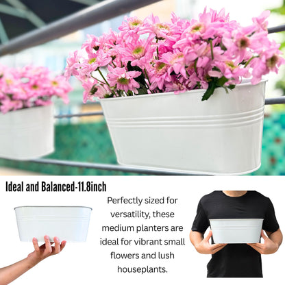 LaLaGreen Planter Boxes Outdoor (15 Pack, 11.8 Inch) White Metal Iron Hanging Flower Pots Deck Railings Rails Fence Buckets Countryside Boho Style Wall Mount Window Box Plant Holder Hooks Porch Decor