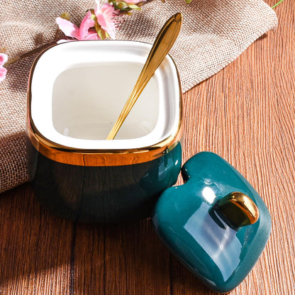 Cerficer Ceramic Sugar Bowl with Lid and Spoon - Emerald Green Golden Trim Porcelain Condiment Jar, Decorative Canister for sauce, Salt, Coffee, Tea, Kitchen Counter & Dining Table