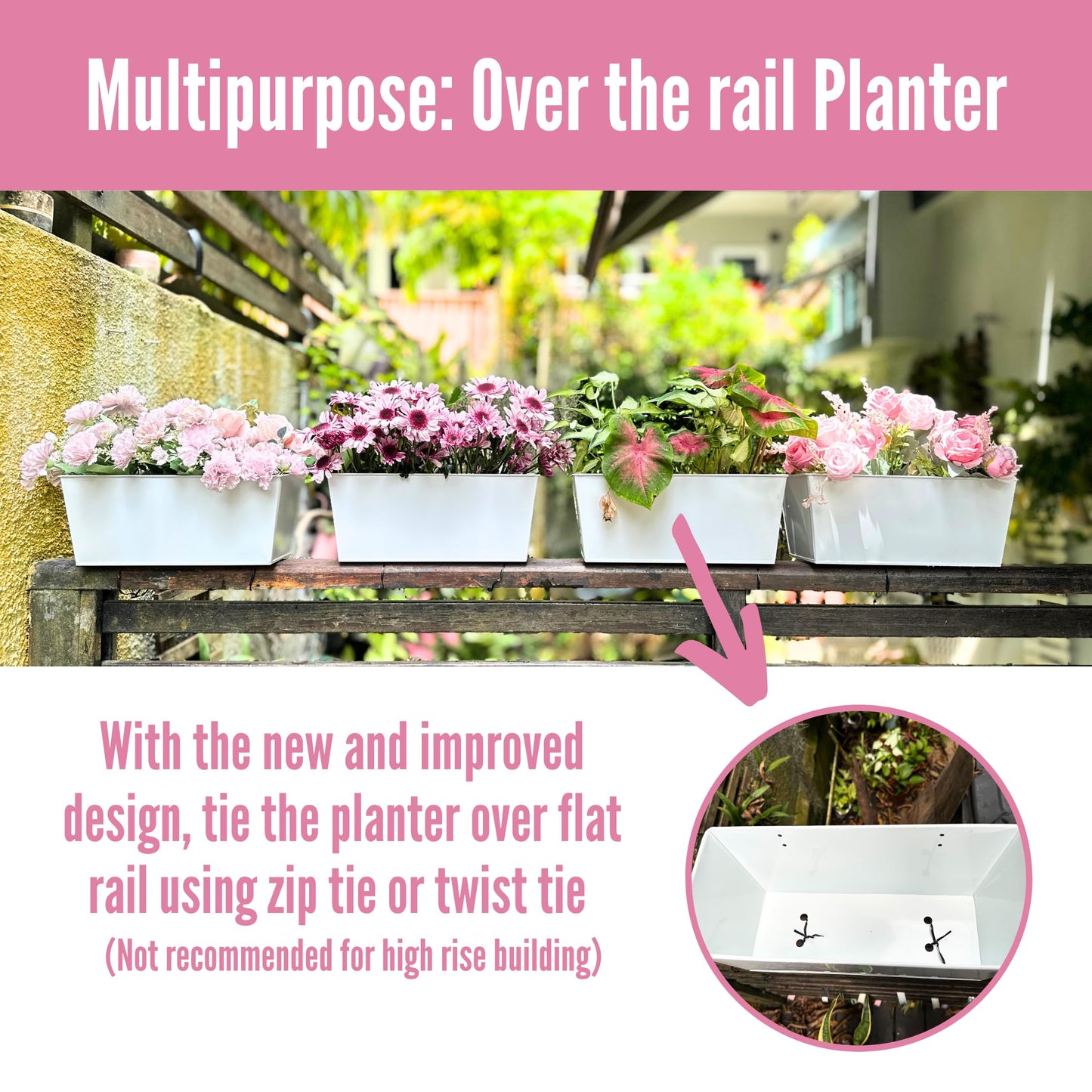 LaLaGreen Rail Planter (16 Inch, 6 Pack) White Rectangular Metal Hanging Flower Railing Fence Balcony Gardening for Apartment Patio Planters Outdoor Deck Decoration Modern Garden Style Porch Decor