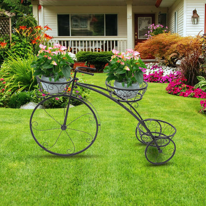 3 Tier Bicycle Planter Stand, Metal Tricycle Flower Pot Holder Hand Painted for Outdoor Garden Yard Patio Balcony Decoration (Black)
