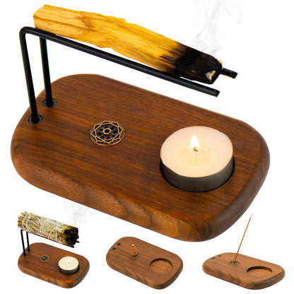 PLEARTY 4 in 1 Walnut Wood Palo Santo Holder Hand-Crafted Incense Sticks Holder for Burning Sage with Booklet The Most Complete Palo Santo Holder for Your Meditation Room Home Decor Gift