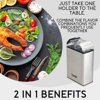 Il Pregio Double Spice Stainless Steel Seasoning Jar Shaker - 2 in 1 Salt and Pepper Dispenser with Adjustable Pour Holes | 2.3oz Per Side - 2 Pack
