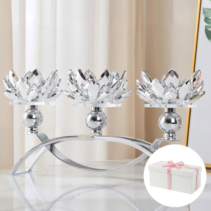 Dounx Crystal Candle Holder, 5.6" Tall Silver Centerpieces for Tables, 3-Arm Lotus Candelabra, Home Decor for Wedding, Dining Room, Coffee Table and Living Room (10.5" L, Fits Tealight Candles)