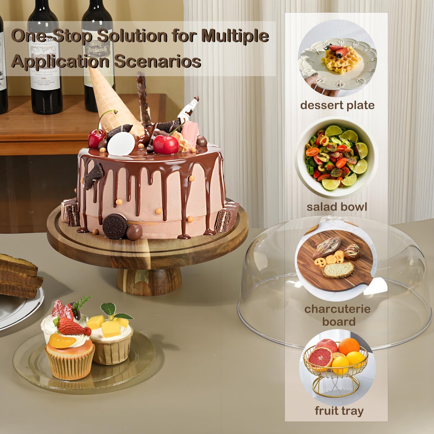 JOCHER Acacia Wood Cake Stand with Lid, 2-In-1 Cake Plate with Acrylic Lid, 12in Round Dessert Table Display Set, Raise Dome for Charcuterie Board, Cheese, Chips & Dips, Nachos, Fruit Platter (12in)