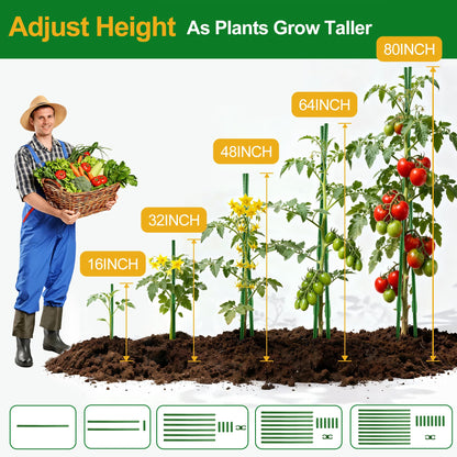 WAENLIR Garden Stakes16 Inch 72 Pack, Tomato cage DIY 4ft 5ft 6ft 7ft 8ft Plant Support Stakes with Connectors and Clips, Plastic Coated Metal Sticks for Tomato Indoor Outdoor