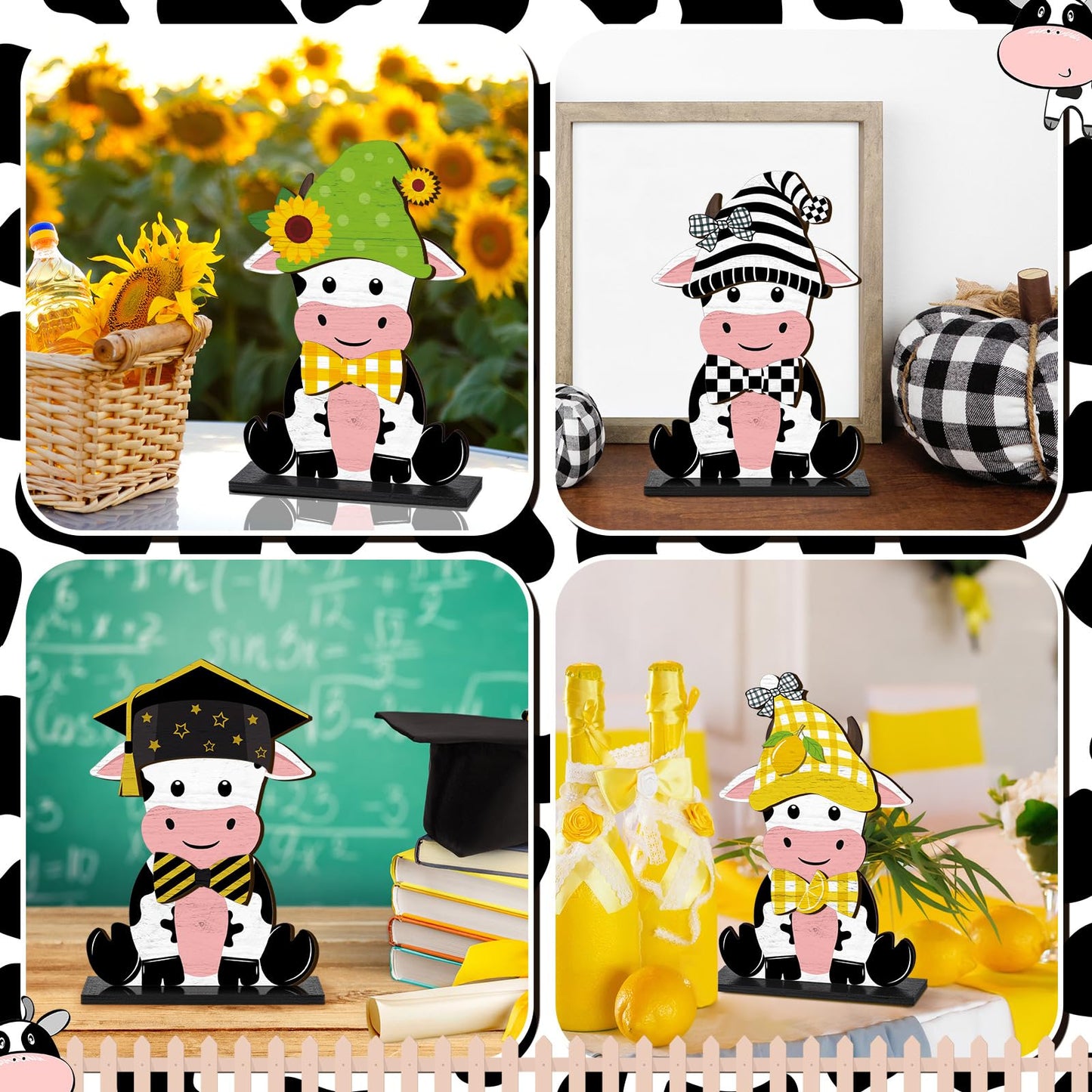 Anglechic 42 Pcs Summer Lemon Interchangeable Cow Figurine Farmhouse Holiday Cow Office Decor Wooden Seasonal Sign Desk Accessories Tier Tray Home Decoration Welcome Ornament Gifts